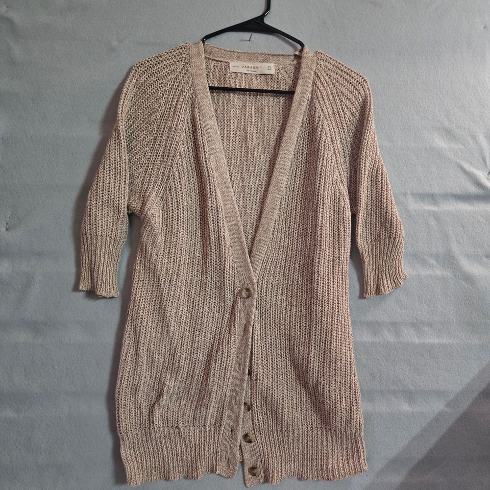 Zara Knit Womens Beige 100%‎ Cotton Chunky Ribbed Open Front Cardigan Sweater S